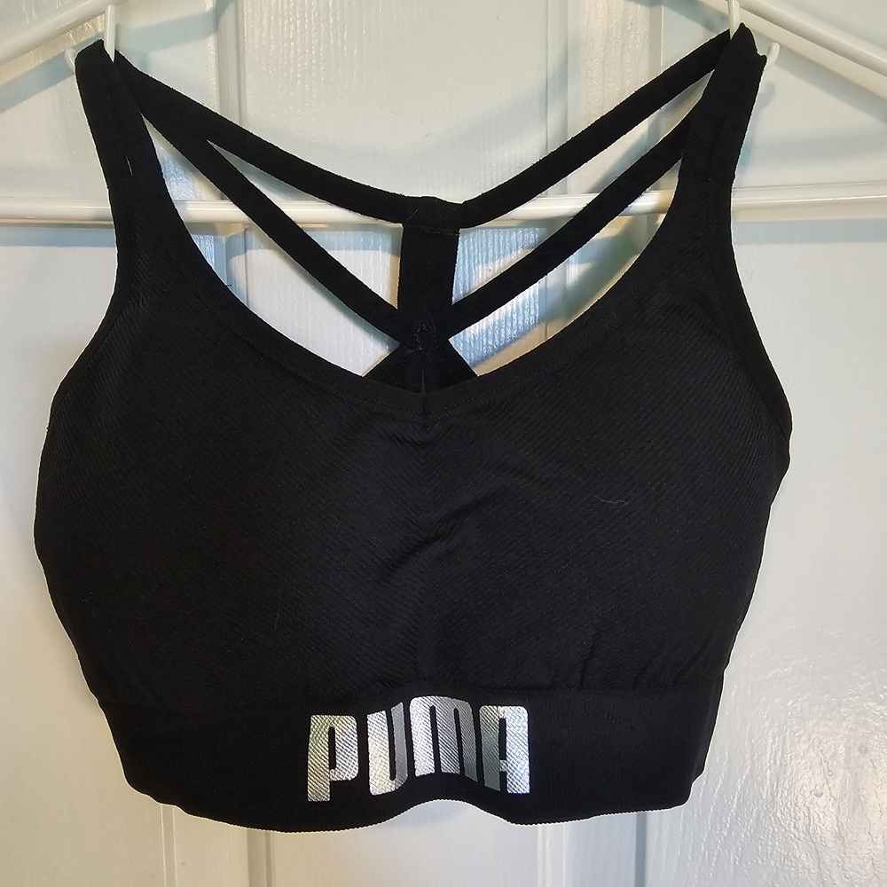 PUMA Sports Bra Black w/ Silver Writing Women's Sz S